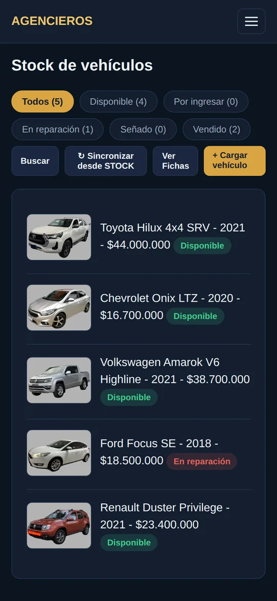 Stock de vehículos con fotos, precio y estado